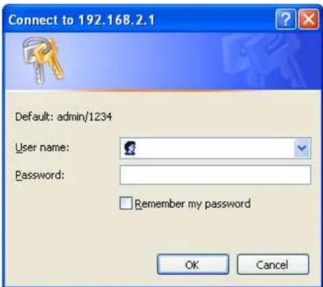 Connect to 192.168.2.1 Default: admin/1234 User name: Password: Remember my password OK Cancel