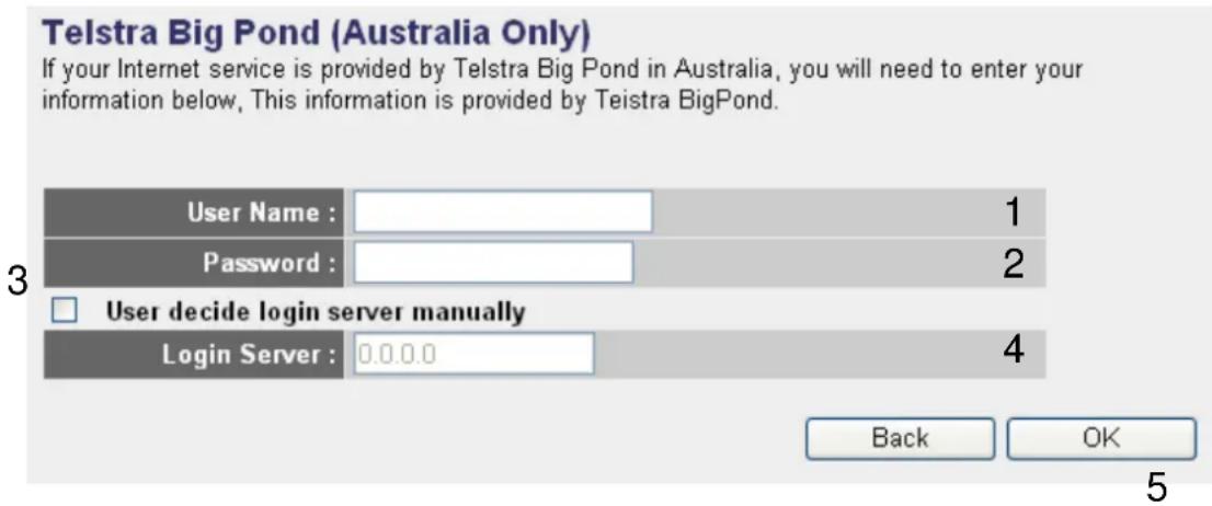 Telstra Big Pond (Australia Only) If your Internet service is provided by Telstra Big Pond in Australia, you will need to enter your information below. This information is provided by Teistra BigPond. User Name : 1 Password : 2 User decide login server manually Login Server : 0.0.0.0 4 Back OK 5