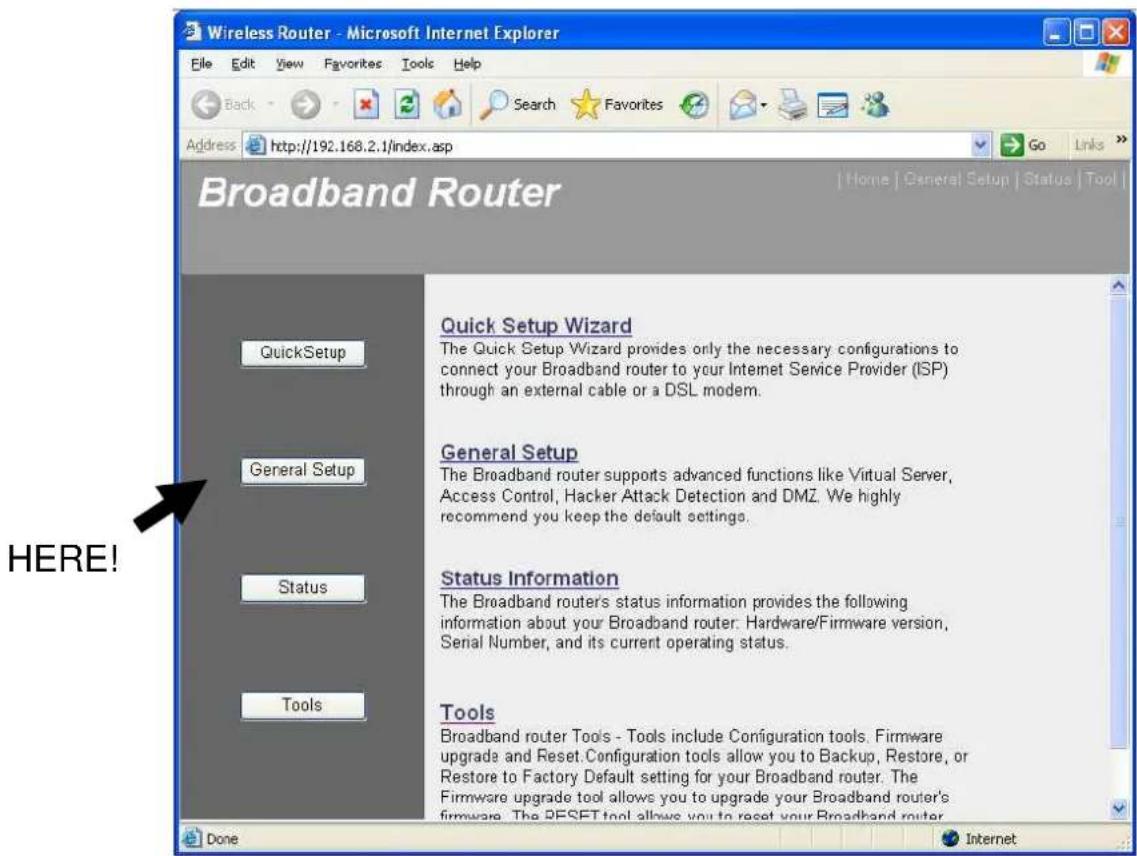 Wireless Router - Microsoft Internet Explorer File Edit View Favorites Tools Help Back Search Favorites Address http://192.168.2.1/index.asp Go Links Broadband Router Quick Setup Wizard The Quick Setup Wizard provides only the necessary configurations to connect your Broadband router to your Interne…