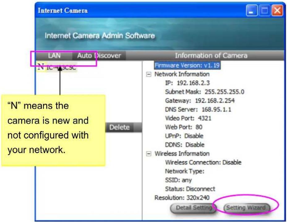 Internet Camera Internet Camera Admin Software LAN Auto Discover Information of Camera N TC-43C5C Firmware Version: v1.19 Network Information IP: 192.168.2.3 Subnet Mask: 255.255.255.0 Gateway: 192.168.2.254 DNS Server: 168.95.1.1 Video Port: 4321 Web Port: 80 UPnP: Disable DDNS: Disable Wireless Information Wireless Connection: Disable Network Type: SSID: any Status: Disconnect Resolution: 320x240 Detail Setting (Setting Wizard) "N" means the camera is new and not configured with your network.