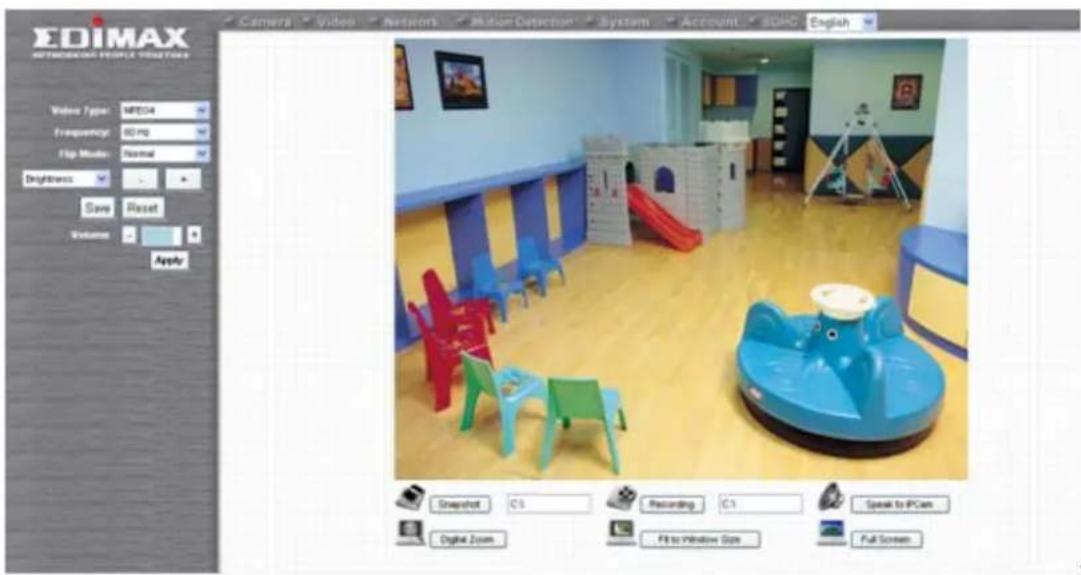 EDIMAX INTRODUCING PEOPLE YUCHET Camers Video Networks Motion Detection System Account SDMC English Video Type: MP304 Frequency: 50 Hz Flip Mode: Normal Brightness Save Reset Volume Apply Snapshot C1 Recording C1 Speak to PCam Digital Zoom Fit to Window Size Full Screen