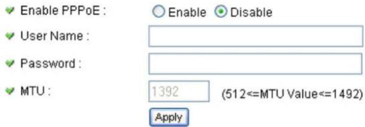Enable PPPoE : User Name : Password : MTU : 1392 (512<=MTU Value<=1492) Apply Enable Disable