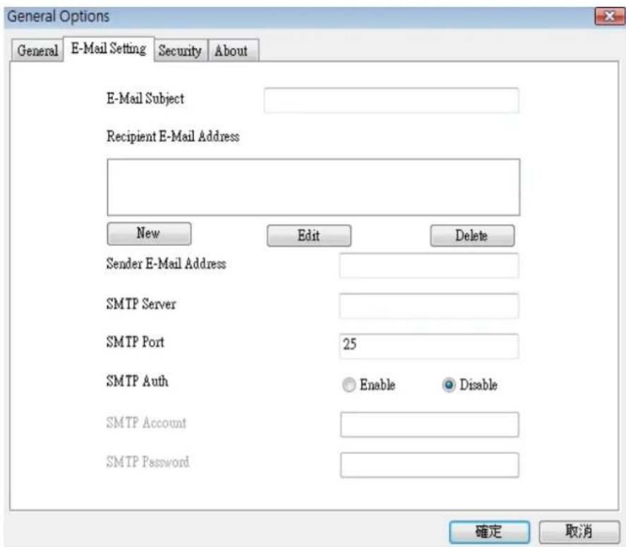 General Options General E-Mail Setting Security About E-Mail Subject Recipient E-Mail Address New Edit Delete Sender E-Mail Address SMTP Server SMTP Port 25 SMTP Auth Enable Disable SMTP Account SMTP Password 確定 取消