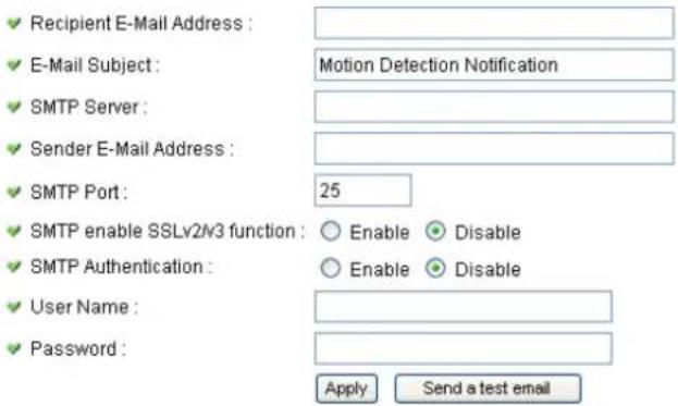 Recipient E-Mail Address : E-Mail Subject : Motion Detection Notification SMTP Server : Sender E-Mail Address : SMTP Port : 25 SMTP enable SSLv2v3 function : Enable Disable SMTP Authentication : Enable Disable User Name : Password : Apply Send a test email