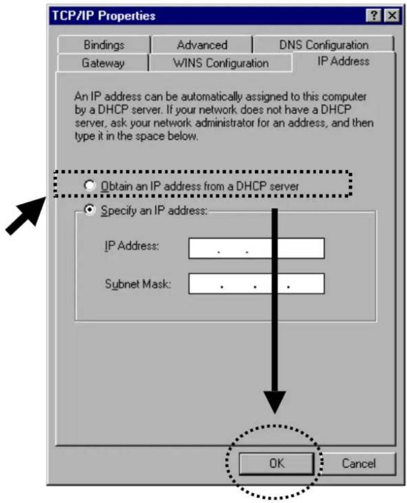 TCP/IP Properties Bindings Advanced DNS Configuration Gateway WINS Configuration IP Address An IP address can be automatically assigned to this computer by a DHCP server. If your network does not have a DHCP server, ask your network administrator for an address, and then type it in the space below. Obtain an IP address from a DHCP server Specify an IP address: IP Address: .. Subnet Mask: .. OK Cancel