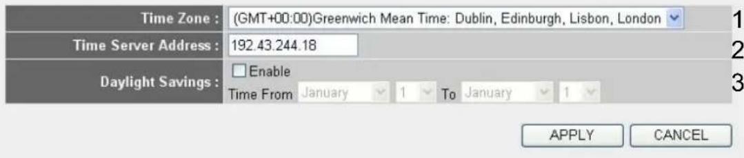 Time Zone : (GMT+00:00)Greenwich Mean Time: Dublin, Edinburgh, Lisbon, London Time Server Address : 192.43.244.18 Daylight Savings : Enable Time From January 1 To January 1 APPLY CANCEL