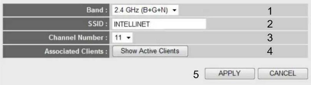 Band : 2.4 GHz (B+G+N) ▼ SSID : INTELLINET Channel Number : 11 ▼ Associated Clients : Show Active Clients 1 2 3 4 5 APPLY CANCEL