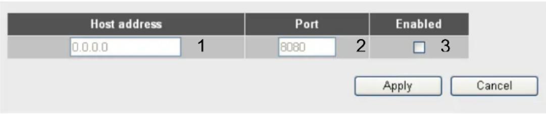 Host address 0.0.0.0 1 Port 8080 2 Enabled Apply Cancel