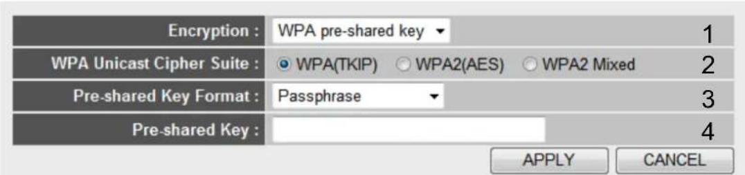 Encryption : WPA pre-shared key WPA Unicast Cipher Suite : ○ WPA(TKIP) ○ WPA2(AES) ○ WPA2 Mixed Pre-shared Key Format : Passphrase Pre-shared Key : 1 2 3 4 APPLY CANCEL