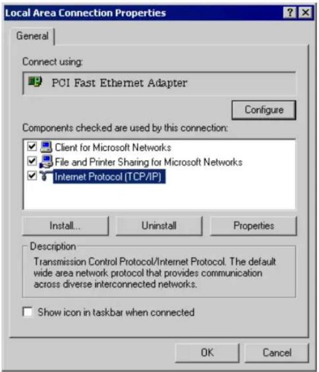 Local Area Connection Properties General Connect using: PCI Fast Ethernet Adapter Configure Components checked are used by this connection: ✓ Client for Microsoft Networks ✓ File and Printer Sharing for Microsoft Networks ✓ Internet Protocol [TCP/IP] Install... Uninstall Properties Description Trans…
