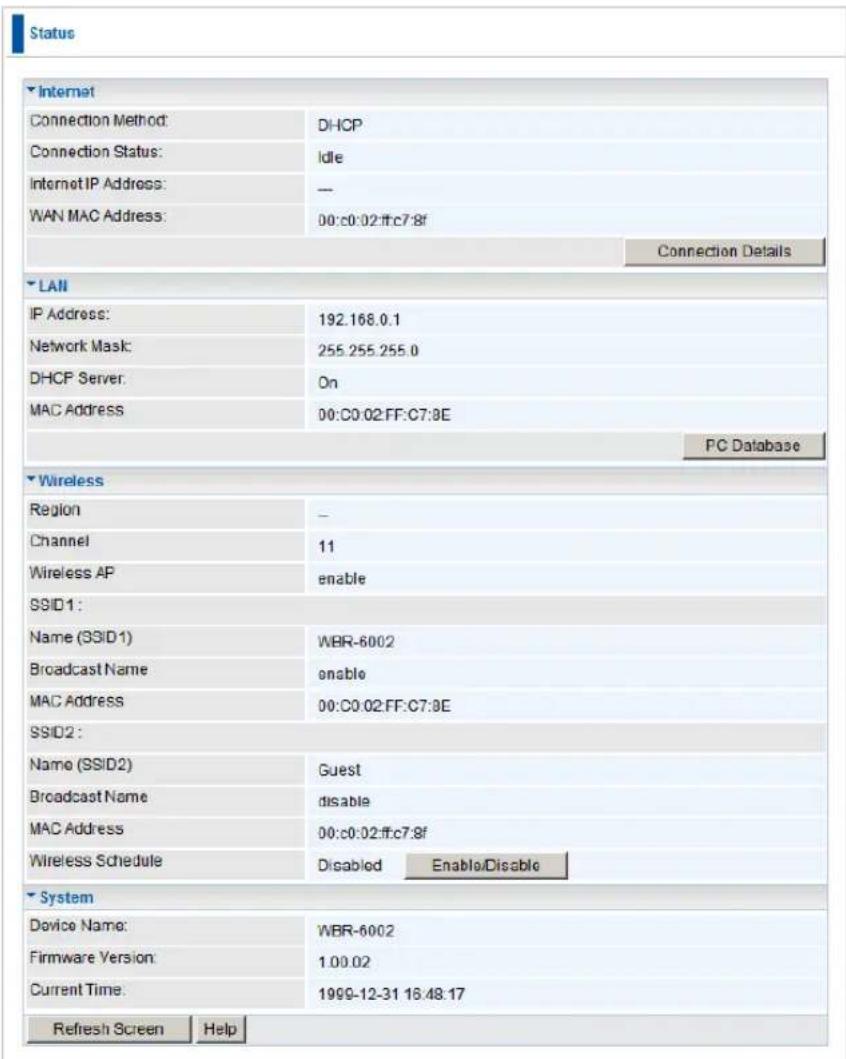 Status Internet Connection Method: DHCP Connection Status: Idle Internet IP Address: — WAN MAC Address: 00:c0:02:ff:c7:8f Connection Details LAN IP Address: 192.168.0.1 Network Mask: 255.255.255.0 DHCP Server: On MAC Address 00:C0:02:FF:C7:8E PC Database Wireless Region — Channel 11 Wireless AP enab…