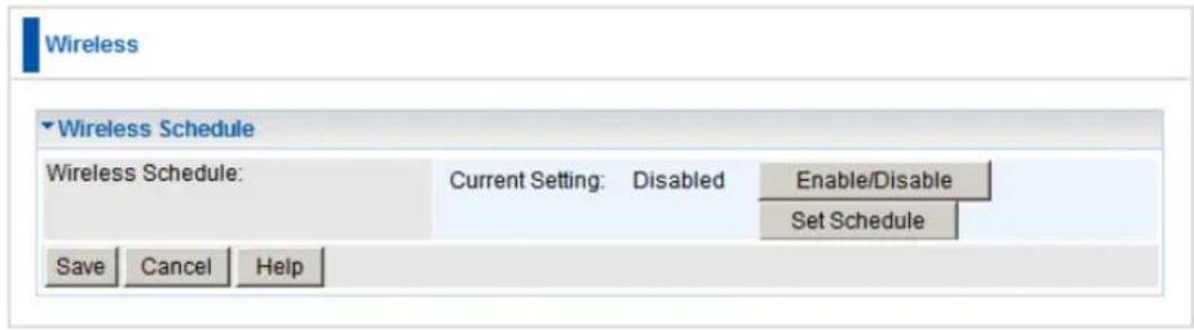 Wireless ▼ Wireless Schedule Wireless Schedule: Current Setting: Disabled Enable/Disable Set Schedule Save Cancel Help