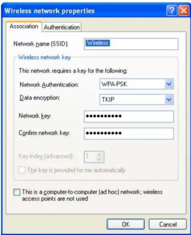 Wireless network properties Association Authentication Network name (SSID): Wireless Wireless network key This network requires a key for the following: Network Authentication: WPA-PSK Data encryption: TKIP Network key: •••••••••••• Confirm network key: •••••••••••• Key index (advanced): 1 The key i…