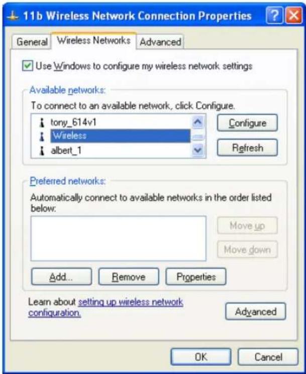 11b Wireless Network Connection Properties General Wireless Networks Advanced ✓ Use Windows to configure my wireless network settings Available networks: To connect to an available network, click Configure. tony_614v1 Wireless albert_1 Configure Refresh Preferred networks: Automatically connect to a…