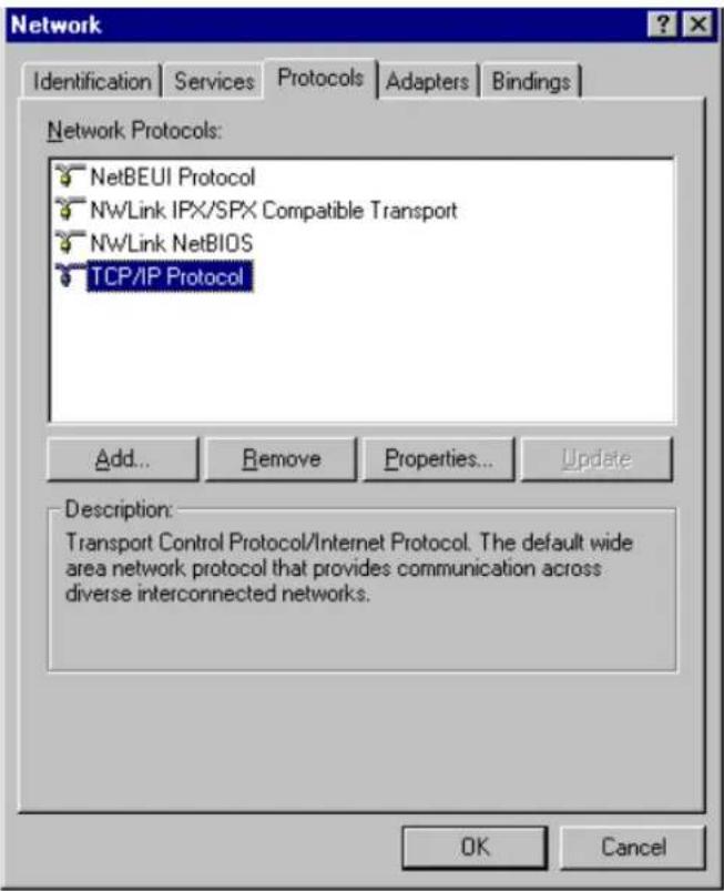 Network Identification Services Protocols Adapters Bindings Network Protocols: NetBEUI Protocol NWLink IPX/SPX Compatible Transport NWLink NetBIOS TCP/IP Protocol Add... Remove Properties... Update Description: Transport Control Protocol/Internet Protocol. The default wide area network protocol that…
