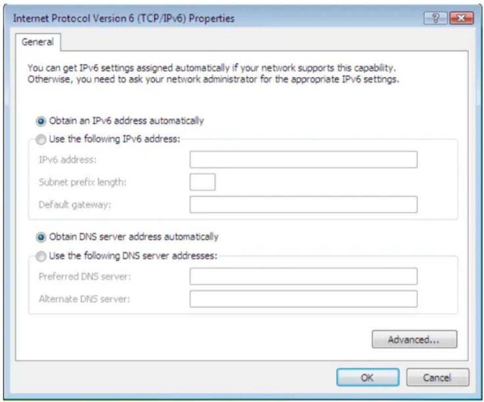 Internet Protocol Version 6 (TCP/IPv6) Properties General You can get IPv6 settings assigned automatically if your network supports this capability. Otherwise, you need to ask your network administrator for the appropriate IPv6 settings. Obtain an IPv6 address automatically Use the following IPv6 ad…
