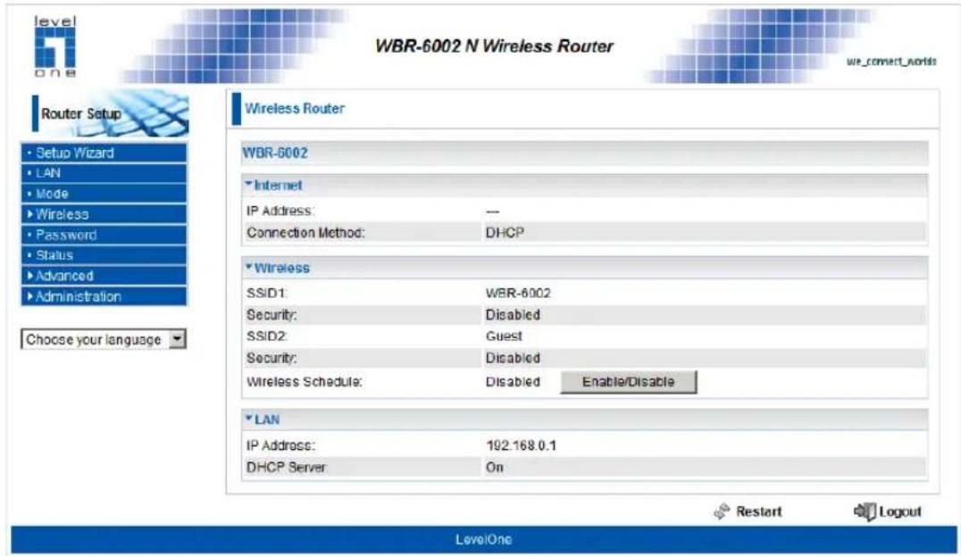 level one WBR-6002 N Wireless Router we_connect_words Router Setup • Setup Wizard • LAN • Mode • Wireless • Password • Status • Advanced • Administration Choose your language Wireless Router WBR-6002 • Internet IP Address: — Connection Method: DHCP Wireless SSID1: WBR-6002 Security: Disabled SSID2:…