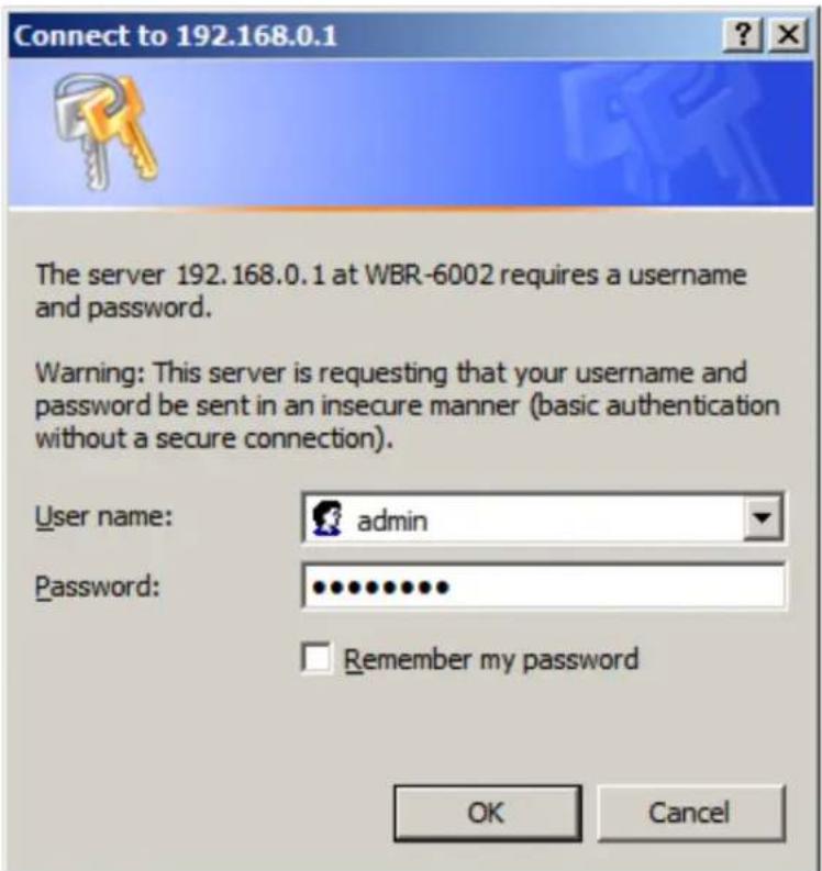 Connect to 192.168.0.1 The server 192.168.0.1 at WBR-6002 requires a username and password. Warning: This server is requesting that your username and password be sent in an insecure manner (basic authentication without a secure connection). User name: admin Password: ********** Remember my password…