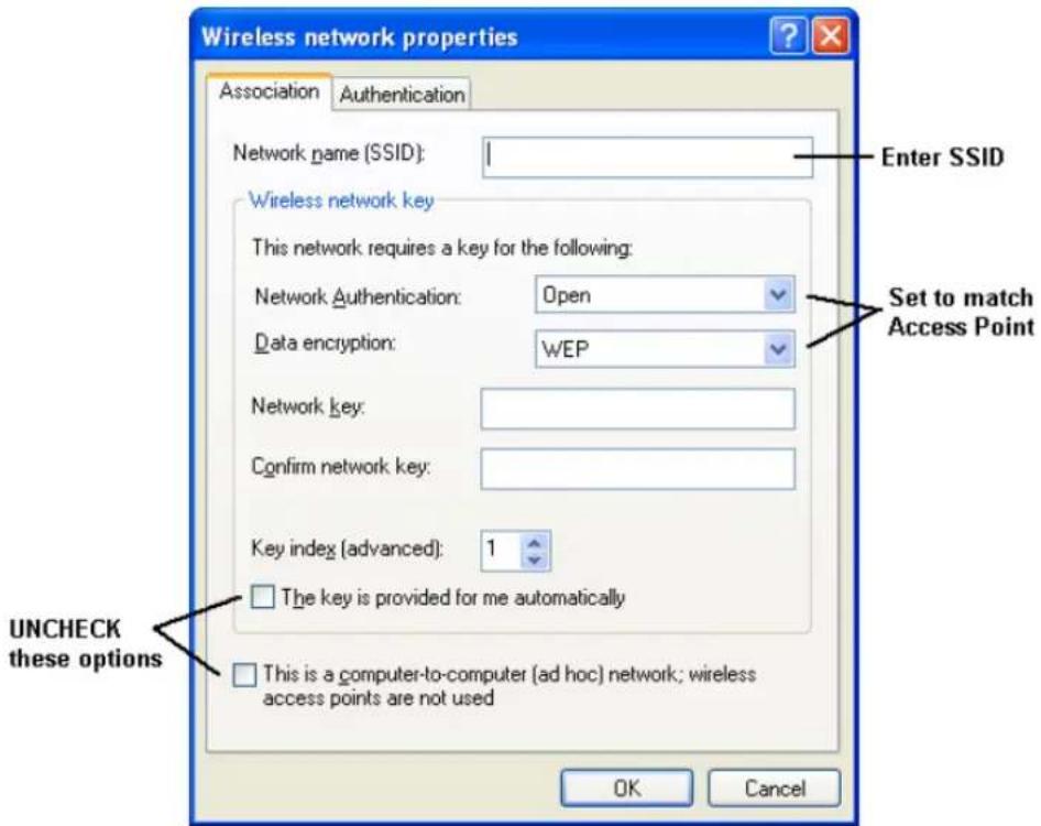 Wireless network properties Association Authentication Network name (SSID): 1 Enter SSID Wireless network key This network requires a key for the following: Network Authentication: Open Data encryption: WEP Network key: Confirm network key: Key index (advanced): 1 The key is provided for me automati…