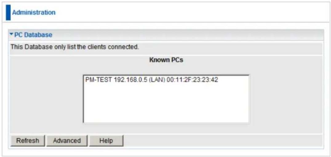 Administration PC Database This Database only list the clients connected. Known PCs PM-TEST 192.168.0.5 (LAN) 00:11:2F:23:23:42 Refresh Advanced Help