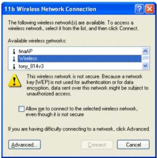 11b Wireless Network Connection The following wireless network(s) are available. To access a wireless network, select it from the list, and then click Connect. Available wireless networks: tinaAP Wireless tony_814v3 This wireless network is not secure. Because a network key (WEP) is not used for aut…