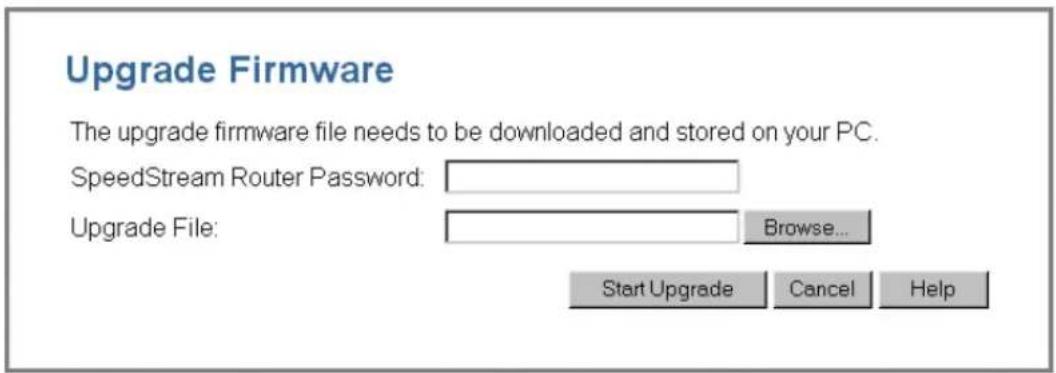 Upgrade Firmware The upgrade firmware file needs to be downloaded and stored on your PC. SpeedStream Router Password: Upgrade File: Browse... Start Upgrade Cancel Help