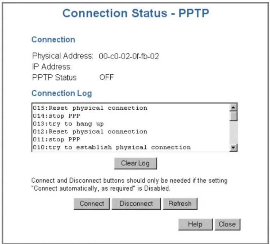 Connection Status - PPTP Connection Physical Address: 00-c0-02-0f-fb-02 IP Address: PPTP Status OFF Connection Log 015:Reset physical connection 014:stop PPP 013:try to hang up 012:Reset physical connection 011:stop PPP 010:try to establish physical connection Clear Log Connect and Disconnect buttons should only be needed if the setting "Connect automatically, as required" is Disabled. Connect Disconnect Refresh Help Close