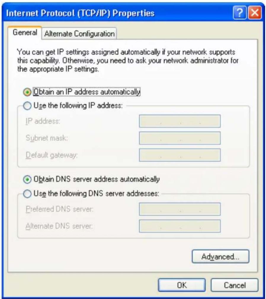 Internet Protocol (TCP/IP) Properties General Alternate Configuration You can get IP settings assigned automatically if your network supports this capability. Otherwise, you need to ask your network administrator for the appropriate IP settings. Obtain an IP address automatically Use the following IP address: IP address: .... Subnet mask: .... Default gateway: .... Obtain DNS server address automatically Use the following DNS server addresses: Preferred DNS server: .... Alternate DNS server: .... Advanced... OK Cancel