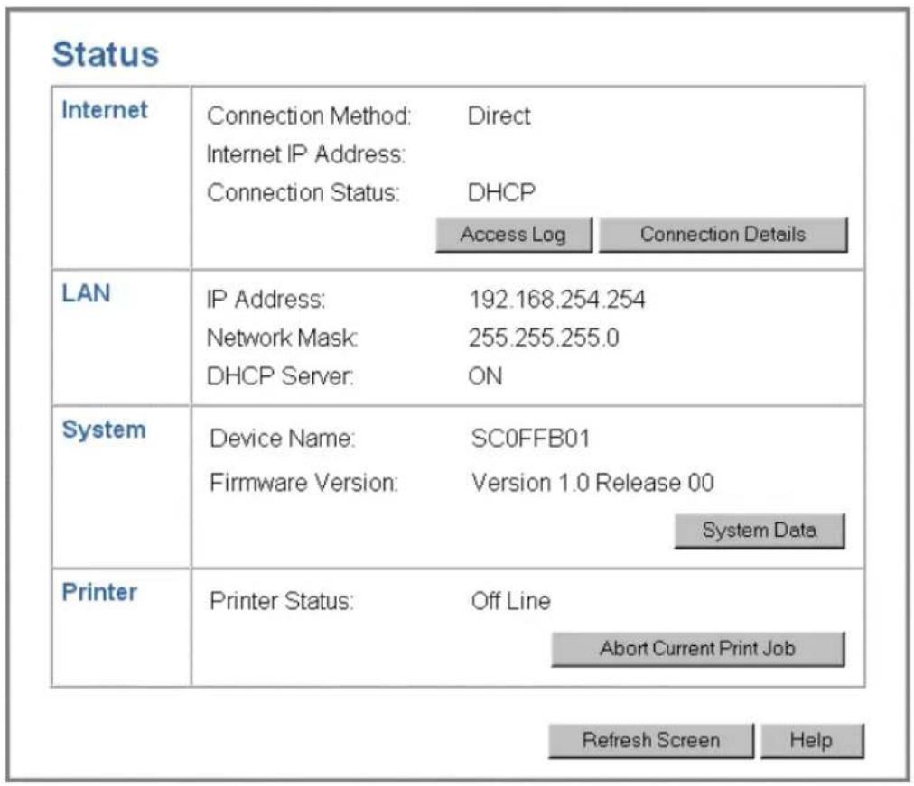 Status Internet Connection Method: Direct Internet IP Address: Connection Status: DHCP Access Log Connection Details LAN IP Address: 192.168.254.254 Network Mask: 255.255.255.0 DHCP Server: ON System Device Name: SC0FFB01 Firmware Version: Version 1.0 Release 00 System Data Printer Printer Status: Off Line Abort Current Print Job Refresh Screen Help