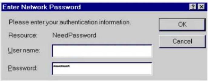 Enter Network Password Please enter your authentication information. Resource: NeedPassword User name: Password: ****** OK Cancel