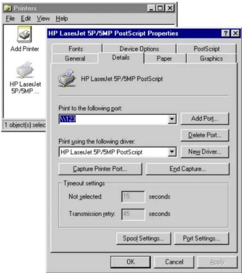 Printers File Edit View Help Add Printer HP LaserJet 5P/5MP ... 1 object(s) selec HP LaserJet 5P/5MP PostScript Properties Fonts Device Options PostScript General Details Paper Graphics HP LaserJet 5P/5MP PostScript Print to the following port: \\123 Add Port... Print using the following driver: HP LaserJet 5P/5MP PostScript New Driver... Capture Printer Port... End Capture... Timeout settings Not selected: 15 seconds Transmission retry: 45 seconds Spool Settings... Port Settings... OK Cancel Apply