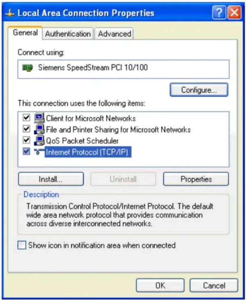 Local Area Connection Properties General Authentication Advanced Connect using: Siemens SpeedStream PCI 10/100 Configure... This connection uses the following items: ✓ Client for Microsoft Networks ✓ File and Printer Sharing for Microsoft Networks ✓ QoS Packet Scheduler ✓ Internet Protocol (TCP/IP) Install... Uninstall Properties Description Transmission Control Protocol/Internet Protocol. The default wide area network protocol that provides communication across diverse interconnected networks. Show icon in notification area when connected OK Cancel