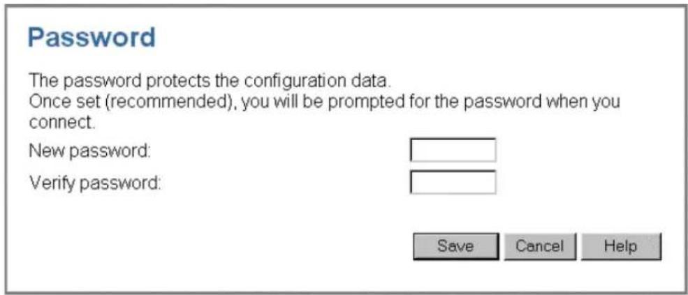Password The password protects the configuration data. Once set (recommended), you will be prompted for the password when you connect. New password: Verify password: Save Cancel Help