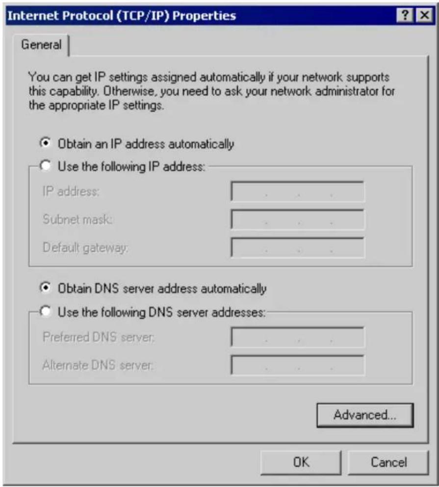 Internet Protocol (TCP/IP) Properties General You can get IP settings assigned automatically if your network supports this capability. Otherwise, you need to ask your network administrator for the appropriate IP settings. Obtain an IP address automatically Use the following IP address: IP address: Subnet mask: Default gateway: Obtain DNS server address automatically Use the following DNS server addresses: Preferred DNS server: Alternate DNS server: Advanced... OK Cancel