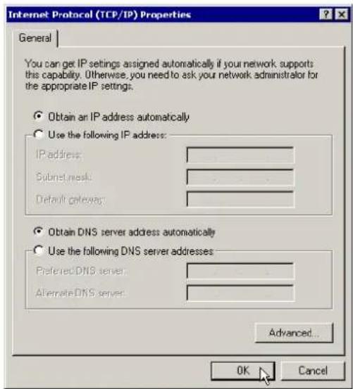 Internet Protocol (TCP/IP) Properties General You can get IP settings assigned automatically if your network supports this capability. Otherwise, you need to ask your network administrator for the appropriate IP settings. Obtain an IP address automatically Use the following IP address: IP address: Subnet mask: Default gateway: Obtain DNS server address automatically Use the following DNS server addresses: Preferred DNS server: Alternate DNS server: Advanced... OK Cancel