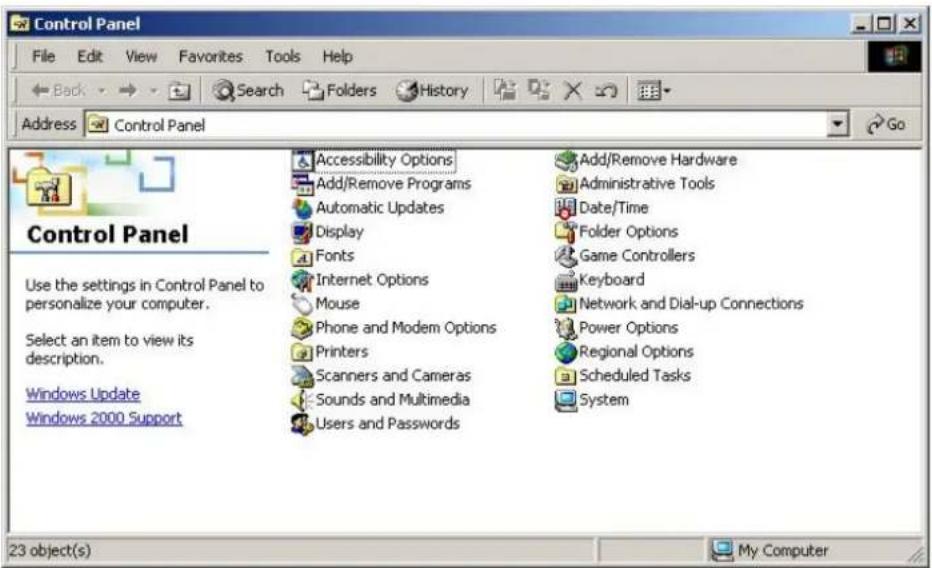 Control Panel File Edit View Favorites Tools Help Back Search Folders History Address Control Panel Control Panel Use the settings in Control Panel to personalize your computer. Select an item to view its description. Windows Update Windows 2000 Support Accessibility Options Add/Remove Programs Automatic Updates Display Fonts Internet Options Mouse Phone and Modem Options Printers Scanners and Cameras Sounds and Multimedia Users and Passwords Add/Remove Hardware Administrative Tools Date/Time Folder Options Game Controllers Keyboard Network and Dial-up Connections Power Options Regional Options Scheduled Tasks System 23 object(s) My Computer