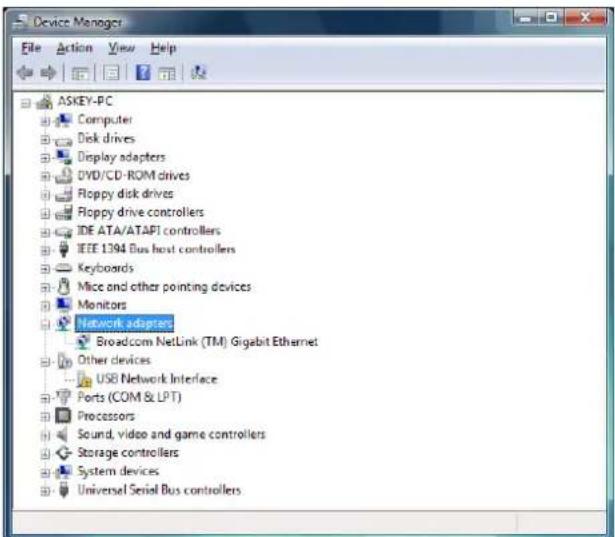 Device Manager File Action View Help ASKEY-PC Computer Disk drives Display adapters DVD/CD-ROM drives Floppy disk drives Floppy drive controllers IDE ATA/ATAPI controllers IEEE 1394 Bus host controllers Keyboards Mice and other pointing devices Monitors Network adapters Broadcom NetLink (TM) Gigabit Ethernet Other devices USB Network Interface Ports (COM & LPT) Processors Sound, video and game controllers Storage controllers System devices Universal Serial Bus controllers