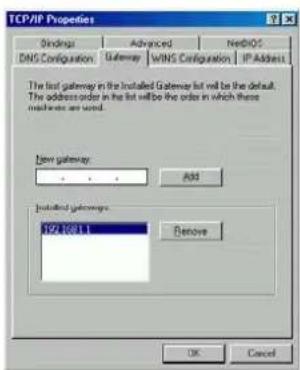 TCP/IP Properties Bindings Advanced NEDIOS DNS Configuration Gateway WINS Configuration IP Address The first gateway in the installed Gateway list will be the default. The address order in the list will be the order in which these windows are used. New gateway: Add Installed gateways: 192.1081.1 Denove OK Cancel
