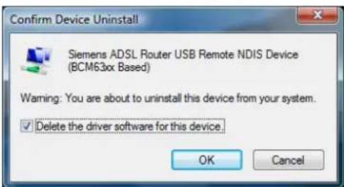 Confirm Device Uninstall Siemens ADSL Router USB Remote NDIS Device (BCM63xx Based) Warning: You are about to uninstall this device from your system. ✓ Delete the driver software for this device. OK Cancel