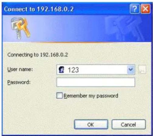 Connect to 192.168.0.2 Connecting to 192.168.0.2 User name: 123 Password: Remember my password OK Cancel