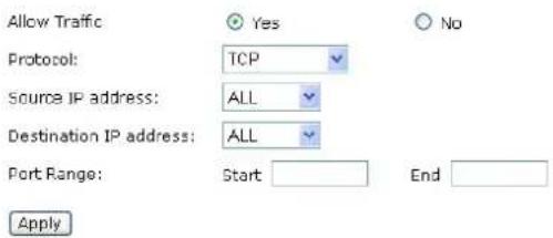 Allow Traffic Protocol: TCP Source IP address: ALL Destination IP address: ALL Port Range: Start End Apply