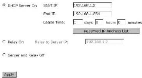 DHCP Server On Start IP: 192.168.1.2 End IP: 192.168.1.254 Lease Time: 1 days 0 hours 0 minutes Reserved IP Address List Relay On Relay to Server IP: 192.168.1.2 Server and Relay Off Apply