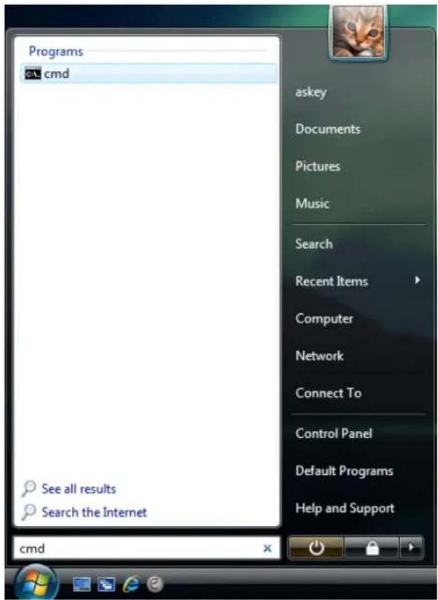 Programs cmd askey Documents Pictures Music Search Recent Items Computer Network Connect To Control Panel Default Programs Help and Support See all results Search the Internet cmd