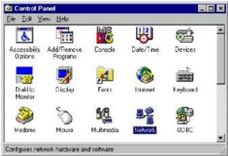 Control Panel File Edit View Help Accessibility Options Add/Remove Programs Console Date/Time Devices Dial-Up Monitor Display Fonts Internet Keyboard Modems Mouse Multimedia Network ODBC Configures network hardware and softwares