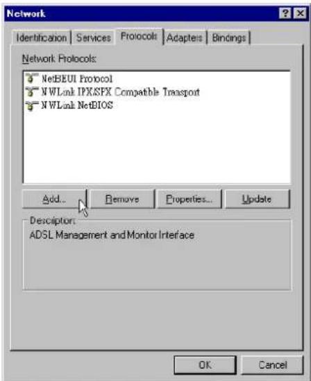 Network Identification Services Protocols Adapters Bindings Network Protocols: NetBEUI Protocol NWLink IPKASPX Compatible Transport NWLink NetBIOS Add... Demove Properties... Update Descriptor: ADSL Management and Monitor Interface OK Cancel