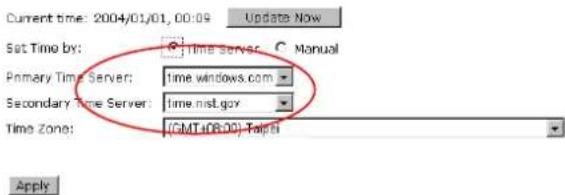 Current time: 2004/01/01, 00:09 Update Now Set Time by: □ jtime server: C Manual Primary Time Server: time.windows.com Secondary Time Server: time.nst.gov Time Zone: (GMT+08-09) Taiyi Apply