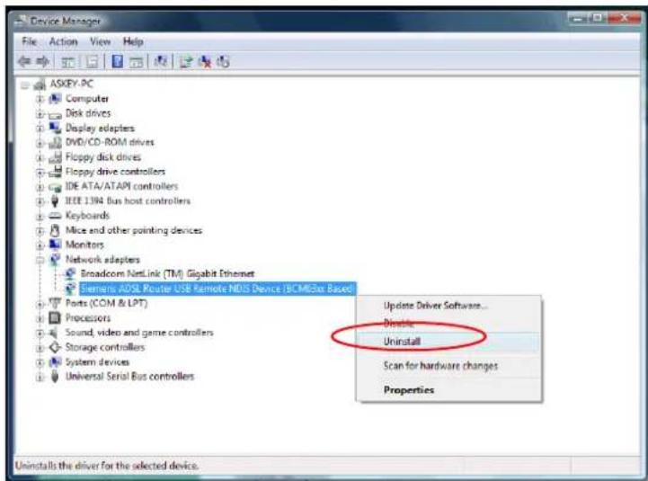 Device Manager File Action View Help ASKEY.PC Computer Disk drives Display adapters DVD/CD-ROM drives Floppy disk drives Floppy drive controllers IDE ATA/ATAPI controllers IEEE 1394 Bus host controllers Keyboards Mice and other pointing devices Monitors Network adapters Broadcom NetLink (TM) Gigabit Ethernet Siemens ADSL Router USB Remote NDIS Device (BCM82w Bases) Ports (COM & LPT) Processors Sound, video and game controllers Storage controllers System devices Universal Serial Bus controllers Update Driver Software... Disable Uninstall Scan for hardware changes Properties Uninstalls the driver for the selected device.