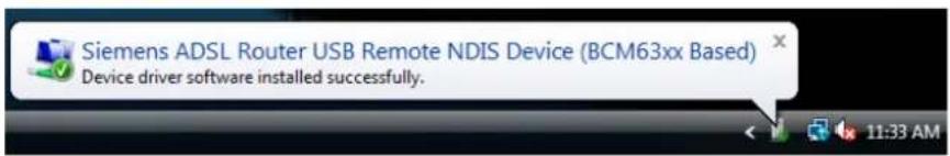 Siemens ADSL Router USB Remote NDIS Device (BCM63xx Based) Device driver software installed successfully.