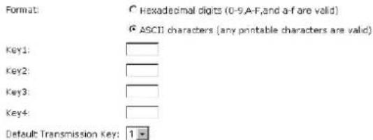 Format: Hexadecimal digits (0-9,A-F,and a-f are valid) ASCII characters (any printable characters are valid) Key1: Key2: Key3: Key4: Default Transmission Key: 1
