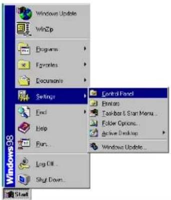 Windows 98 WinZip Programs Favorites Documents Settings End Help Run... Log Off... Shut Down... Control Panel Emkors Taskbar & Start Menu... Folder Options... Active Desktop... Windows Update... Start